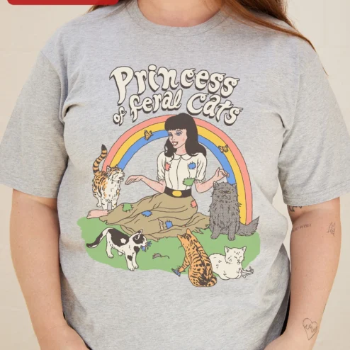 Food Fighter Princess of Feral Cats Tee Funny Cat Lover Graphic Shirt Retro Novelty Gift on a hanger, ready to ship from Chicago, Illinois