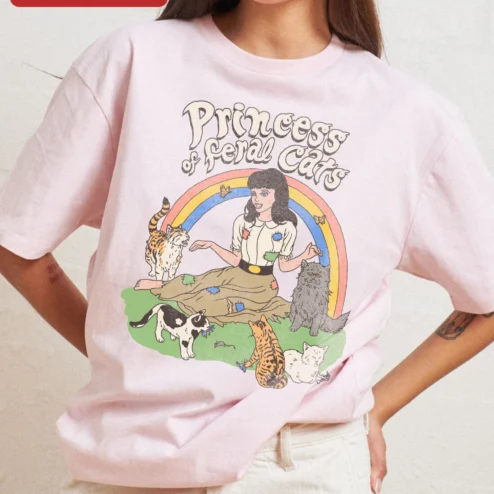 Customer in Chicago, Illinois wearing Food Fighter Princess of Feral Cats Tee Funny Cat Lover Graphic Shirt Retro Novelty Gift