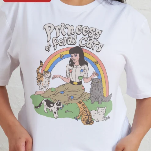 Close-up of Food Fighter Princess of Feral Cats Tee Funny Cat Lover Graphic Shirt Retro Novelty Gift for streetwear fans in Chicago, Illinois
