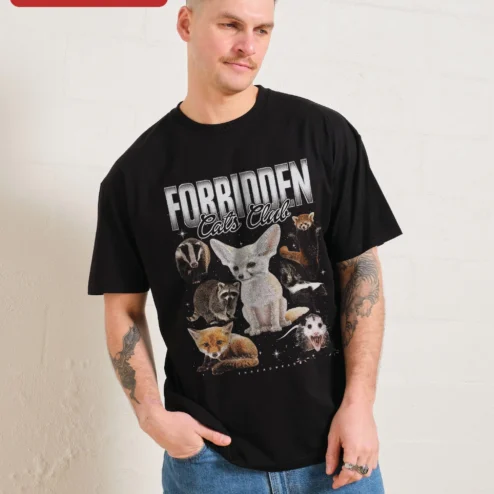 Forbidden Cats Club Tee Funny Animal Graphic Shirt for Men and Women on a hanger, ready to ship from Chicago, Illinois