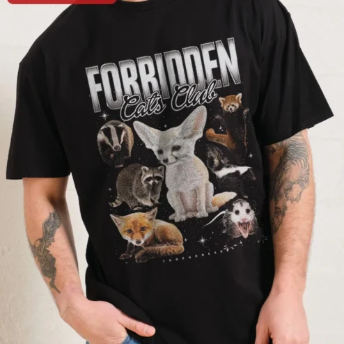 Customer in Chicago, Illinois wearing Forbidden Cats Club Tee Funny Animal Graphic Shirt for Men and Women