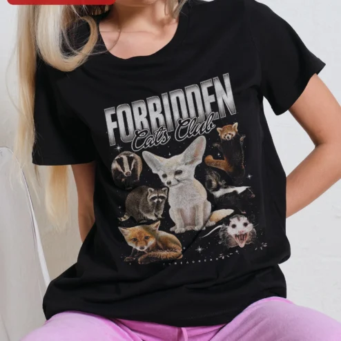 FORBIDDEN Cats Club Tee Funny Wild Animal Graphic Shirt for Women Men
