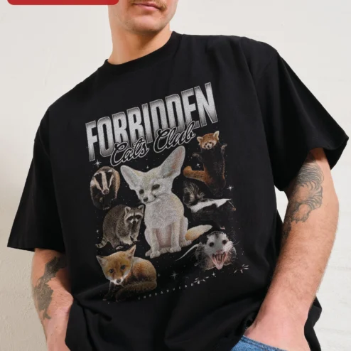 FORBIDDEN Cats Club Tee Vintage Fennec Fox Animal Graphic Shirt for Men on a hanger, ready to ship from Chicago, Illinois