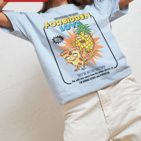 Forbidden Love They're Better Together Tee Funny Pizza Pineapple Graphic Shirt for Couples on a hanger, ready to ship from Chicago, Illinois