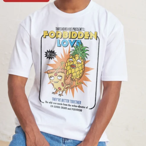 Customer in Chicago, Illinois wearing Forbidden Love They're Better Together Tee Funny Pizza Pineapple Graphic Shirt for Couples