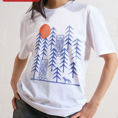 Customer in Chicago, Illinois wearing Forest Waterfall Fox Graphic Tee Nature Lover Gift for Women Men Outdoor Adventure Shirt