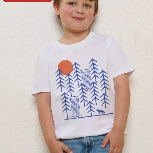 Forest Wolf Nature Kids Tee Woodland Animal Graphic T-Shirt for Girls Boys on a hanger, ready to ship from Chicago, Illinois