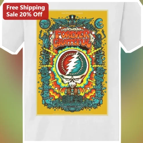 Forever Grateful Tee Psychedelic Skull Roses Retro Concert Graphic Shirt for Deadhead Fans