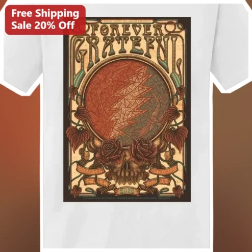 Forever Grateful Tee Vintage Steal Your Face Skull Roses Art Nouveau Deadhead Shirt