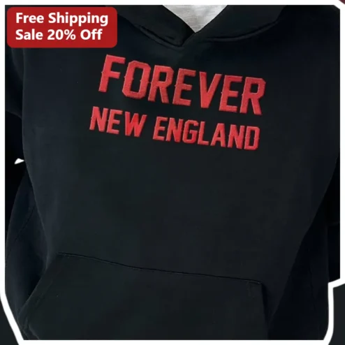 Forever New England Hoodie Black Pullover with Red Embroidery Varsity Style Regional Pride Gift for available at our Chicago, Illinois warehouse