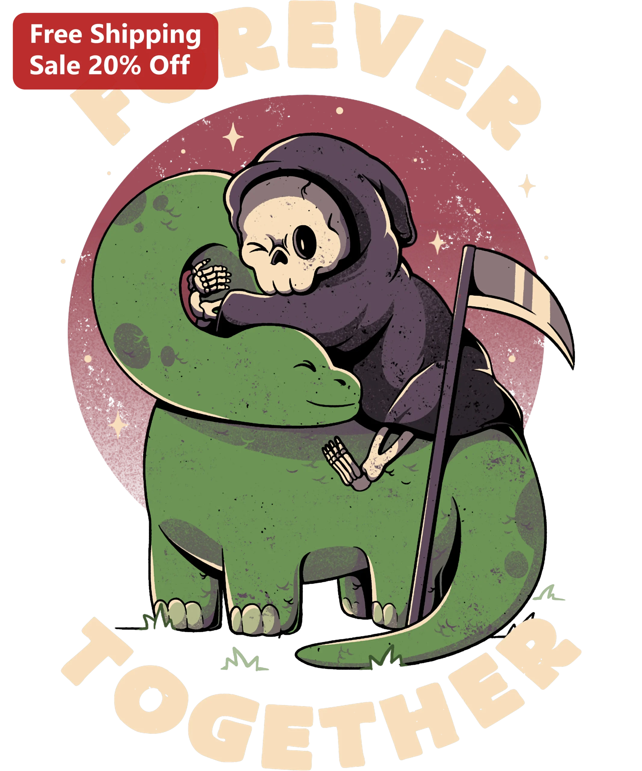 Forever Together Grim Reaper Hugging Dinosaur Cute Spooky Couple Matching Tee Gift
