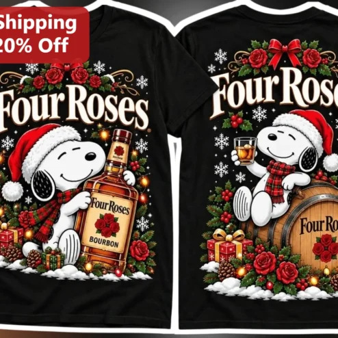 Four Roses Bourbon Snoopy Christmas Tee Funny Holiday Peanuts Gift for Men