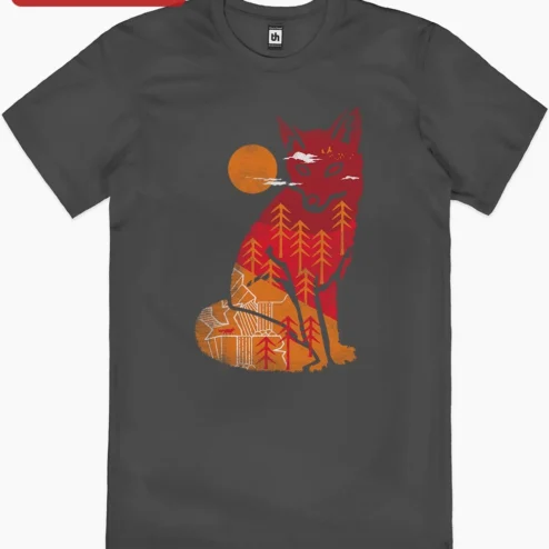 Fox Landscape Silhouette Graphic Tee Nature Lover Gift on a hanger, ready to ship from Chicago, Illinois