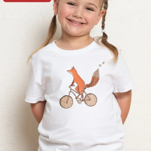Fox Riding Bicycle Illustration Tee Whimsical Cycling Fox Graphic Shirt for Kids Animal Lovers on a hanger, ready to ship from Chicago, Illinois