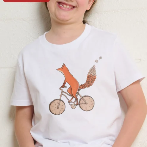 Fox Riding Bicycle Illustration Tee Whimsical Cycling Fox Graphic Shirt for Kids Animal Lovers