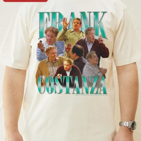 Frank Costanza Seinfeld Tee Vintage Sitcom Fan Gift Black Cotton T-Shirt on a hanger, ready to ship from Chicago, Illinois