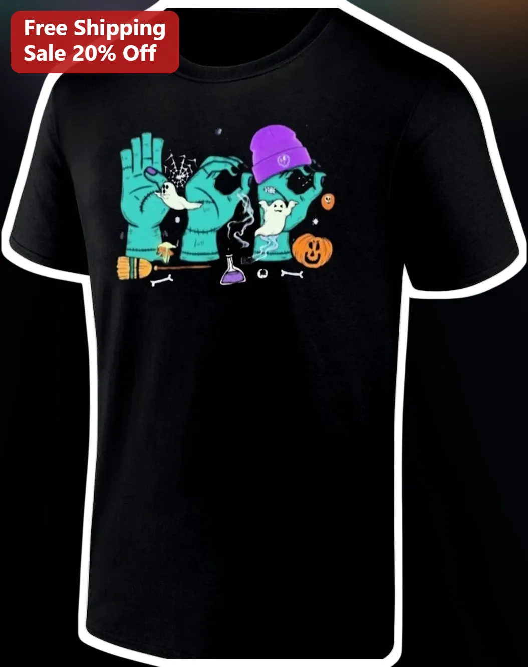 Frankenstein Hands Boo Halloween Graphic Tee Spooky Monster Hand Typography Shirt for Women Men