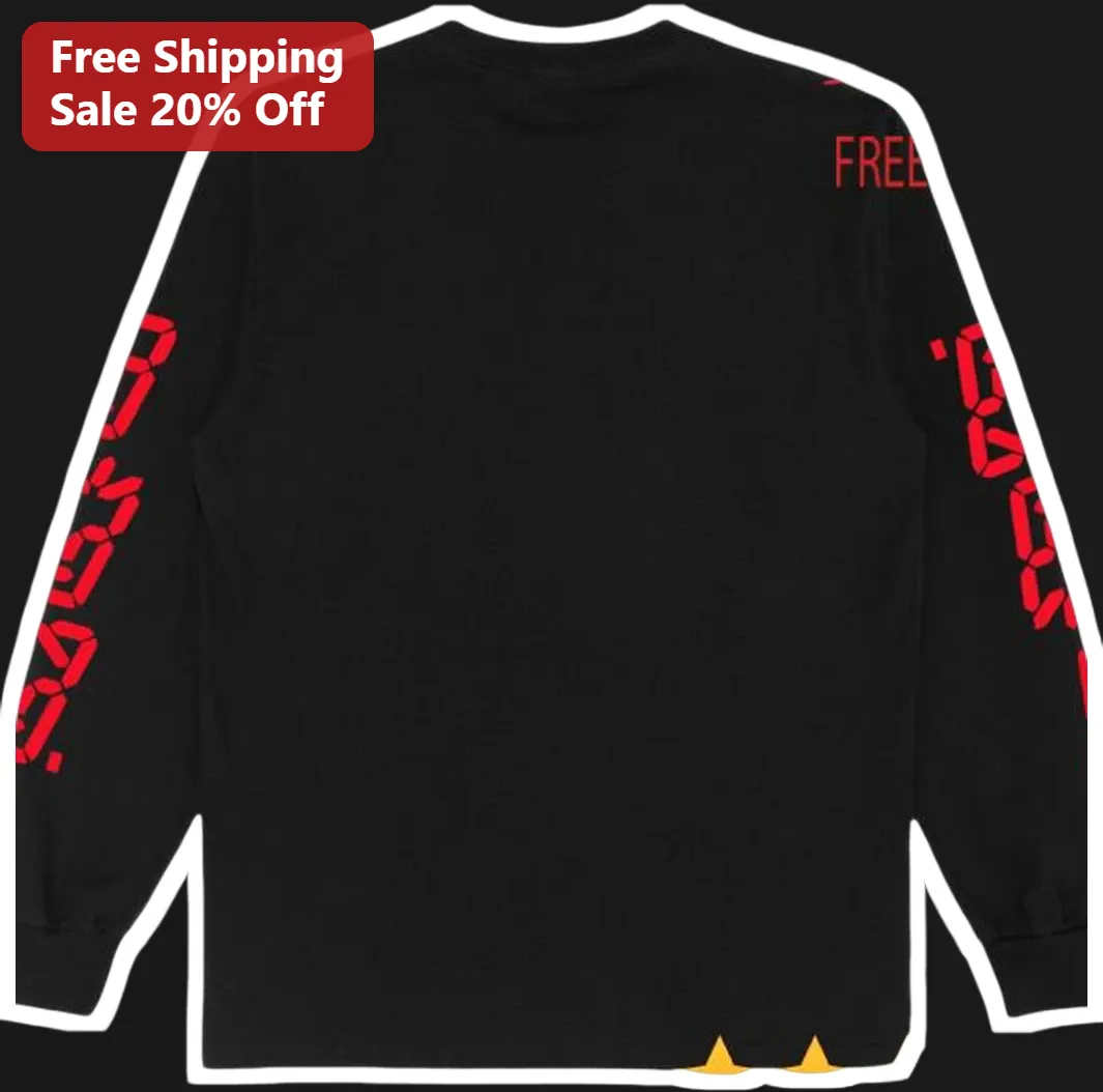 Free Streetwear Long Sleeve Tee Black Red Digital Text Urban Graphic Shirt