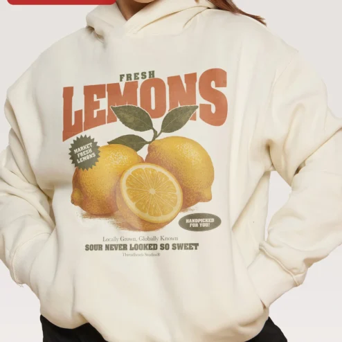 Fresh Lemons Hoodie Market Fresh Citrus Graphic Vintage Retro Sour Never Looked So Sweet on a hanger, ready to ship from Chicago, Illinois