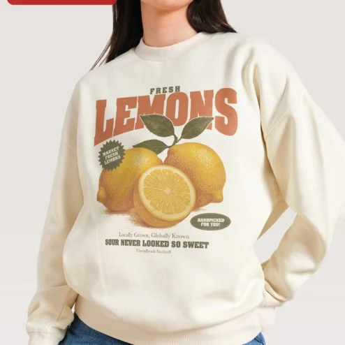Fresh Lemons Market Fresh Handpicked Sour Never Looked So Sweet Vintage Crewneck Sweatshirt on a hanger, ready to ship from Chicago, Illinois