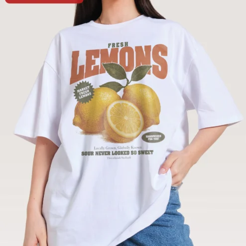 Fresh Lemons Tee Market Fresh Handpicked Citrus Graphic Shirt Sour Never Looked So Sweet Retro Farme on a hanger, ready to ship from Chicago, Illinois