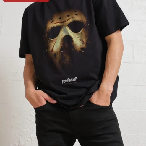 Friday The 13th Tee Jason Voorhees Hockey Mask Vintage Horror Graphic Shirt on a hanger, ready to ship from Chicago, Illinois