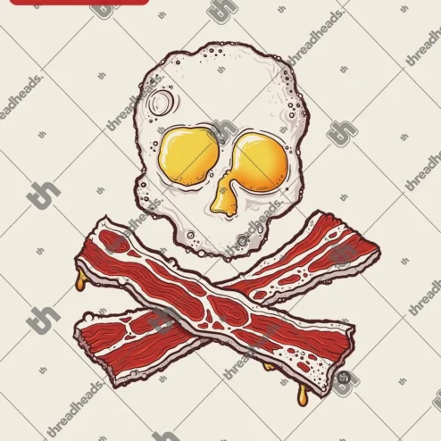 Fried Egg Skull Bacon Jolly Roger Tee Funny Breakfast Pirate Graphic Shirt for Men Women on a hanger, ready to ship from Chicago, Illinois