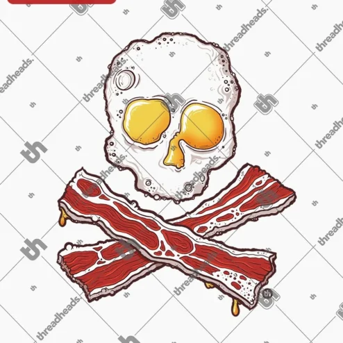 Customer in Chicago, Illinois wearing Fried Egg Skull Bacon Jolly Roger Tee Funny Breakfast Pirate Graphic Shirt for Men Women
