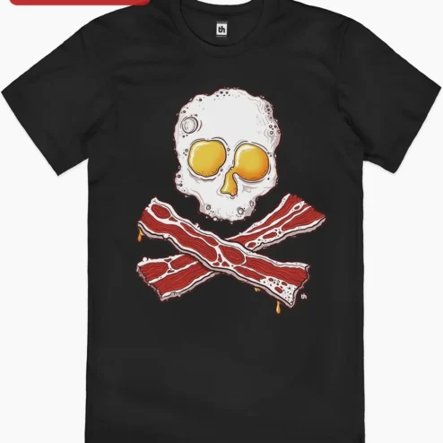 Close-up of Fried Egg Skull Bacon Jolly Roger Tee Funny Breakfast Pirate Graphic Shirt for Men Women for streetwear fans in Chicago, Illinois