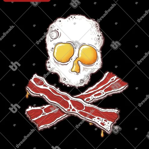 Fried Egg Skull Bacon Jolly Roger Tee Funny Breakfast Pirate Graphic Shirt for Men Women available at our Chicago, Illinois warehouse