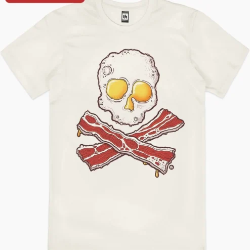 Customer in Chicago, Illinois wearing Fried Egg Skull Bacon Jolly Roger Tee Funny Breakfast Pirate Graphic Shirt for Men Women