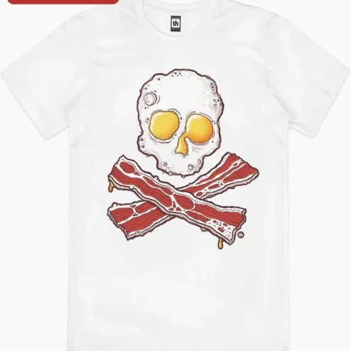 Close-up of Fried Egg Skull Bacon Jolly Roger Tee Funny Breakfast Pirate Graphic Shirt for Men Women for streetwear fans in Chicago, Illinois