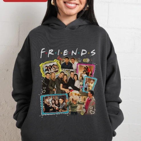 Customer in Chicago, Illinois wearing FRIENDS Hoodie Vintage TV Show Cast Collage Graphic Sweatshirt for Men Women