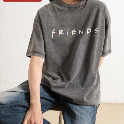 Friends Logo Vintage Acid Wash Tee Retro Sitcom Pop Culture Graphic T-Shirt for Men Women on a hanger, ready to ship from Chicago, Illinois