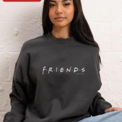 Customer in Chicago, Illinois wearing Friends TV Show Logo Crewneck Sweatshirt Retro Sitcom Merch Gift for Men Women