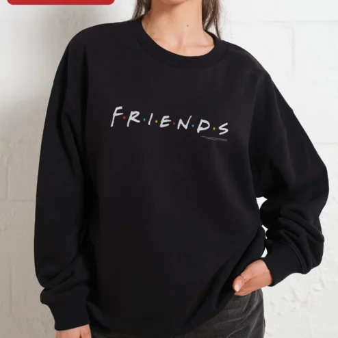 Close-up of Friends TV Show Logo Crewneck Sweatshirt Retro Sitcom Merch Gift for Men Women for streetwear fans in Chicago, Illinois