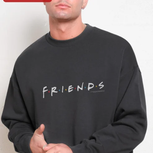 Customer in Chicago, Illinois wearing Friends TV Show Logo Crewneck Sweatshirt Retro Sitcom Merch Gift for Men Women