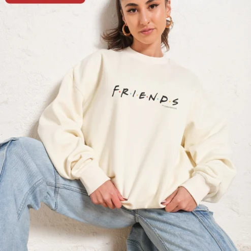 Close-up of Friends TV Show Logo Crewneck Sweatshirt Retro Sitcom Merch Gift for Men Women for streetwear fans in Chicago, Illinois