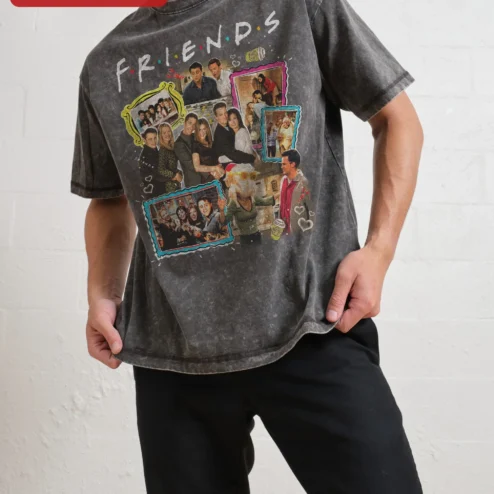 FRIENDS Vintage Wash Tee Friends Cast Retro Sitcom Graphic Shirt for Men Women on a hanger, ready to ship from Chicago, Illinois