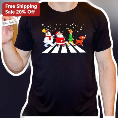 Frosty the Snowman Santa Claus Rudolph Abbey Road Parody Christmas Graphic Tee