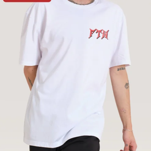 FTA Tee Streetwear Gothic Logo Oversized Black Cotton T-Shirt Y2K Alternative Fashion on a hanger, ready to ship from Chicago, Illinois