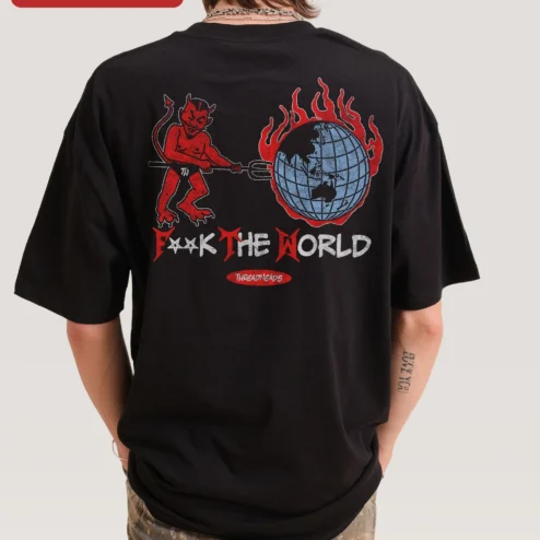 Close-up of FTA Tee Streetwear Gothic Logo Oversized Black Cotton T-Shirt Y2K Alternative Fashion for streetwear fans in Chicago, Illinois