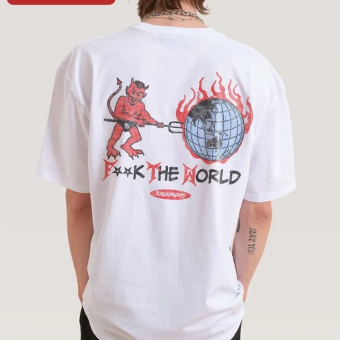 Close-up of FTA Tee Streetwear Gothic Logo Oversized Black Cotton T-Shirt Y2K Alternative Fashion for streetwear fans in Chicago, Illinois