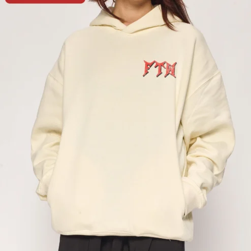 FTW Hoodie Men's Black Pullover with Red Embroidered Logo Streetwear Apparel on a hanger, ready to ship from Chicago, Illinois