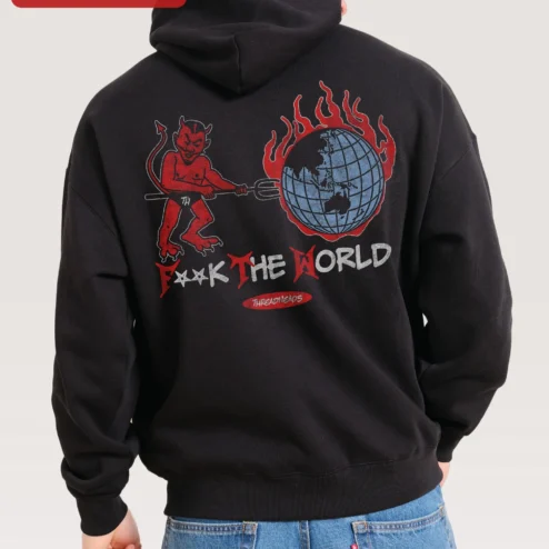 Customer in Chicago, Illinois wearing FTW Hoodie Men's Black Pullover with Red Embroidered Logo Streetwear Apparel