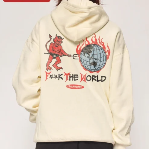 Close-up of FTW Hoodie Men's Black Pullover with Red Embroidered Logo Streetwear Apparel for streetwear fans in Chicago, Illinois