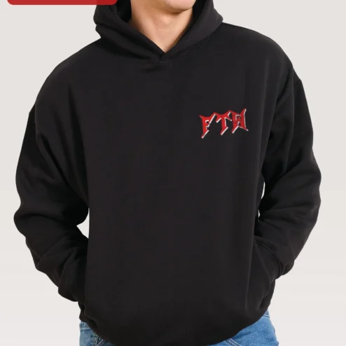 FTW Hoodie Men's Black Pullover with Red Embroidered Logo Streetwear Apparel