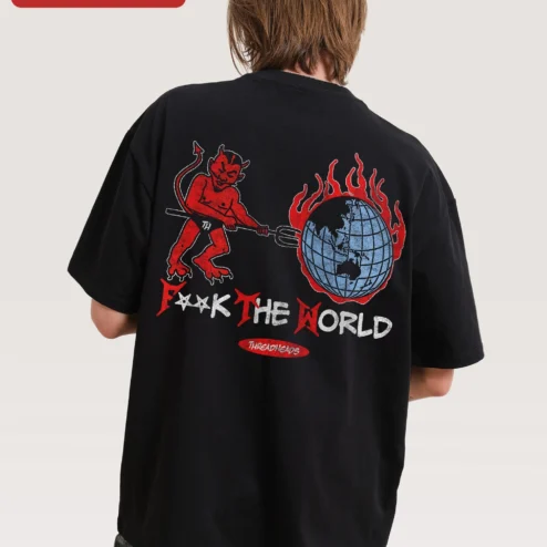 Close-up of FTW Tee Gothic Streetwear Oversized Black T-Shirt for Men for streetwear fans in Chicago, Illinois