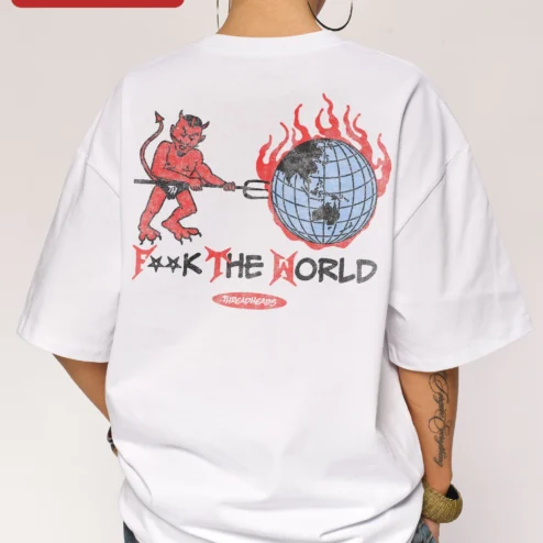 Close-up of FTW Tee Gothic Streetwear Oversized Black T-Shirt for Men for streetwear fans in Chicago, Illinois