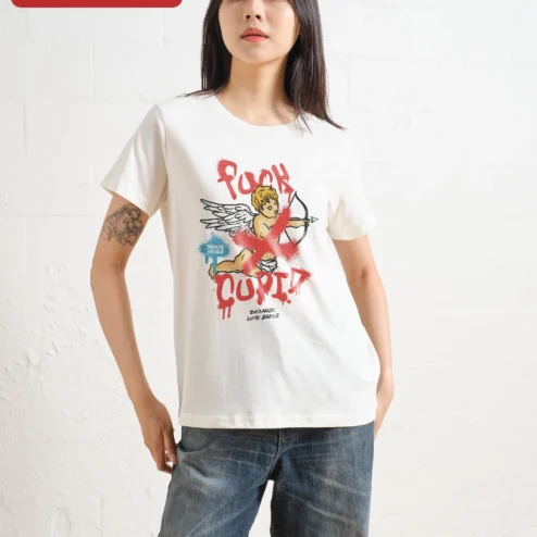 Fuck Cupid Because Love Sucks Tee Anti Valentine's Day Graphic Shirt on a hanger, ready to ship from Chicago, Illinois